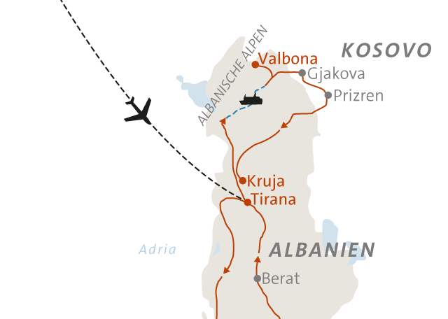 Reise in Albanien, Landkarte zu Albanien - Land der Kontraste Alpinschule Innsbruck