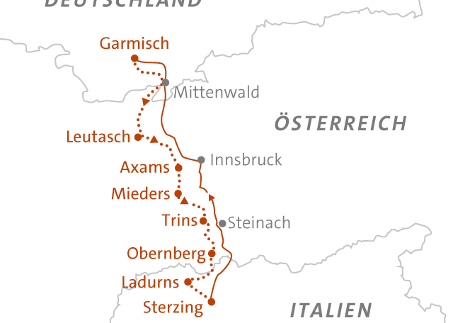 Reise in Deutschland, Landkarte zu Alpenüberquerung von Garmisch nach Sterzing Alpinschule Innsbruck
