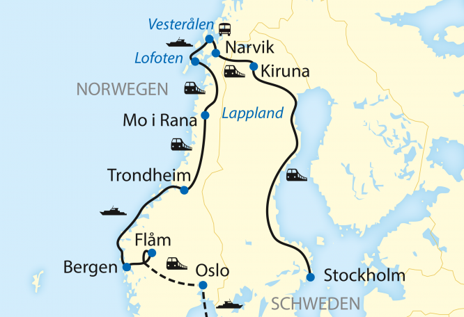 Reise in Norwegen, Reiseroute: 14-tägige Zug- und Schiffs-Erlebnisreise in Schweden und Norwegen