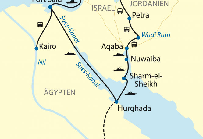 Reise in Ägypten, Reiseroute: 13-tägige Schiffsreise mit 8-tägiger Kreuzfahrt von Israel über Ägypten nach Jordanien