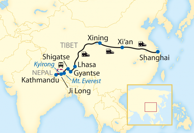 Reise in China, Reiseroute: 18-tägige Zug-Erlebnisreise durch China mit Fahrt auf der Tibet-Bahn und weiter nach Nepal