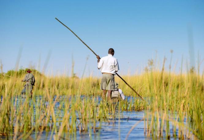 Reise in Botswana, Die ursprünglichste Art, das Okavango-Delta zu bereisen: im Mokoro (Einbaum)