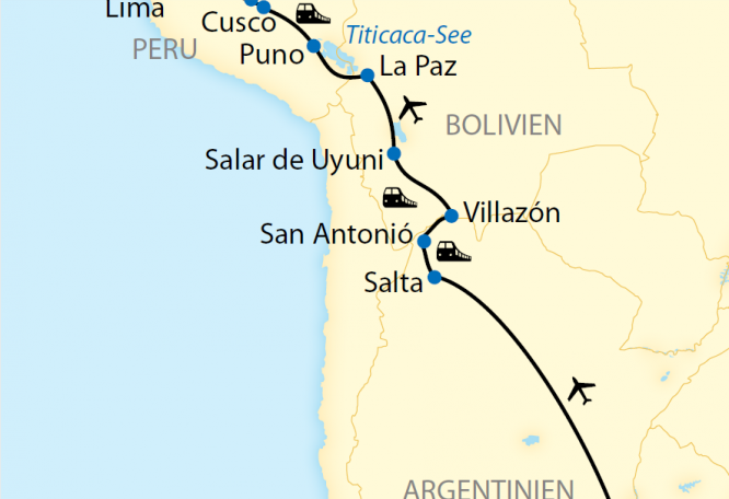 Reise in Argentinien, Reiseroute: 19-tägige Zug-Erlebnisreise durch Argentinien, Bolivien und Peru