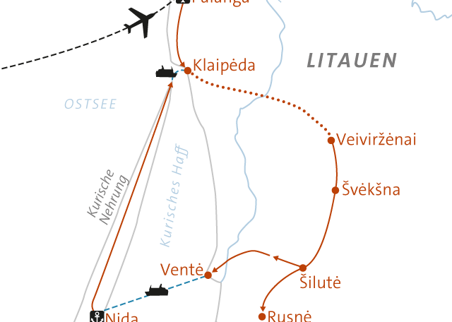 Reise in Litauen, Landkarte zu Baltikum individuell - Kurische Nehrung und Memelland mit dem E-Bike Alpinschule Innsbruck