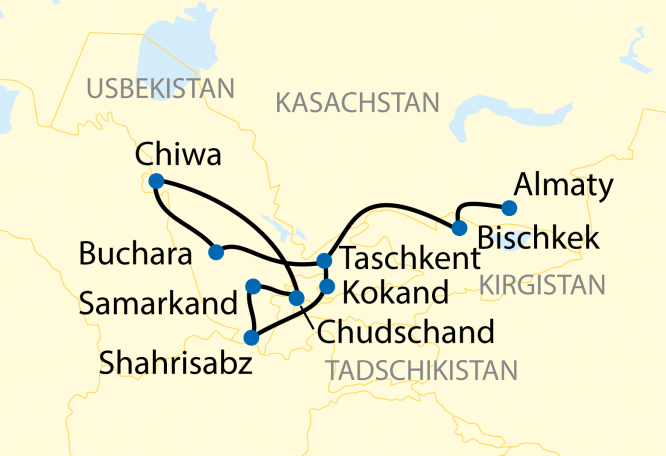 Reise in Kasachstan, Reiseverlauf: 16-tägige Sonderzugreise durch Kasachstan, Kirgistan, Tadschikistan und Usbekistan