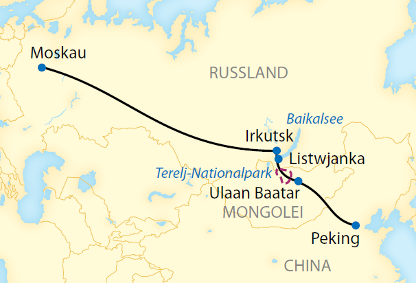Reise in China, Reiseroute: 17-tägige Zug-Erlebnisreise durch Russland, die Mongolei und China