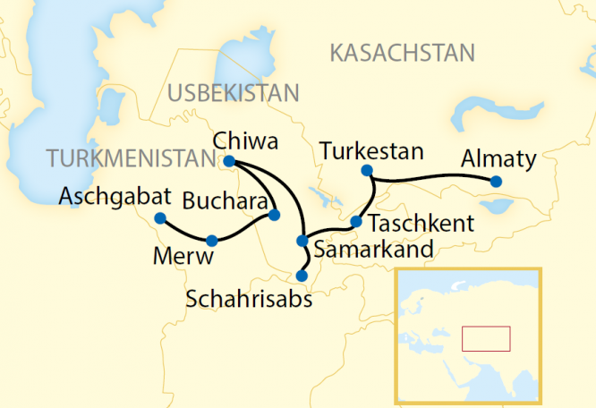Reise in Kasachstan, Reiseroute: 14-tägige Sonderzugreise von Kasachstan durch Usbekistan nach Turkmenistan