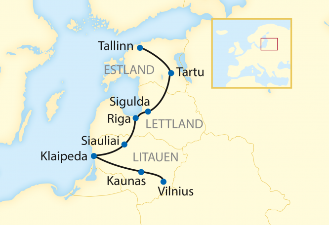 Reise in Estland, Reiseroute: 10-tägige Zug-Erlebnisreise durch Litauen, Lettland und Estland