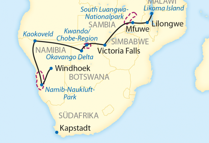Reise in Botswana, Karte_Flugsafari-für-Namibia,-Botswana,-Simbabwe,-Sambia-und-Malawi
