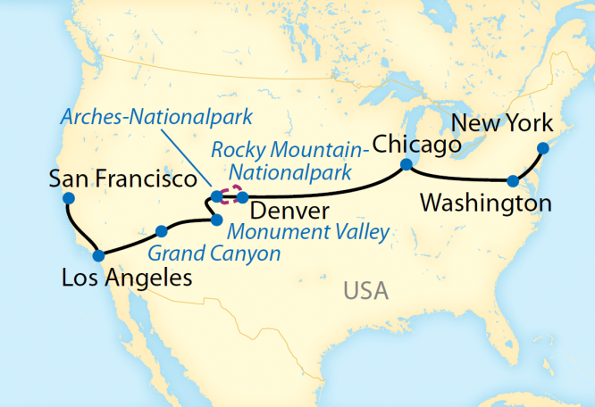 Reise in USA, Reiseroute: 14-tägige First Class Zug-Erlebnisreise zu den großartigen Nationalparks im Wilden Westen der Vereinigten Staaten