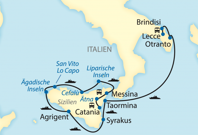 Reise in Italien, Reiseroute: 12-tägige Schiffsreise mit 9-tägiger Kreuzfahrt in Italien