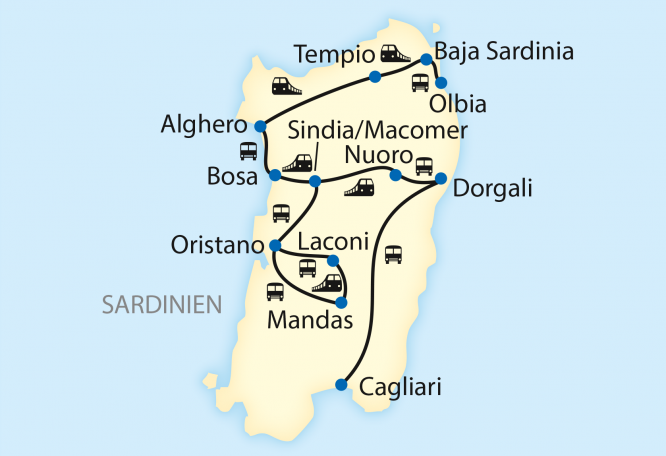 Reise in Italien, Reiseroute: 10-tägige Sonderzugreise mit dem Trenino Verde auf Sardinien