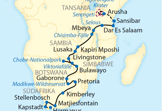 Reise in Botswana, Reiseroute: 19-tägige Sonderzugreise von Tansania bis Südafrika