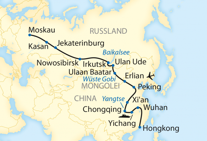 Reise in China, Reiseroute: 27-tägige Sonderzugreise auf der Transsibirischen Eisenbahn ab Hongkong mit Fahrt nach Moskau
