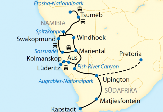 Reise in Namibia, Reiseroute: 16-tägige Sonderzugreise von Kapstadt nach Namibia im African Explorer – bekannt aus der ARD-Fernsehserie Verrückt nach Zug.