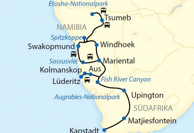 Reise in Namibia, Reiseroute: 16-tägige Sonderzugreise von Namibia nach Kapstadt im African Explorer – bekannt aus der ARD-Fernsehserie Verrückt nach Zug.