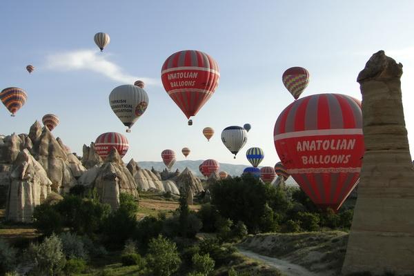 Reise in Türkei, Heißluftballons über Kappadokien am frühen Morgen