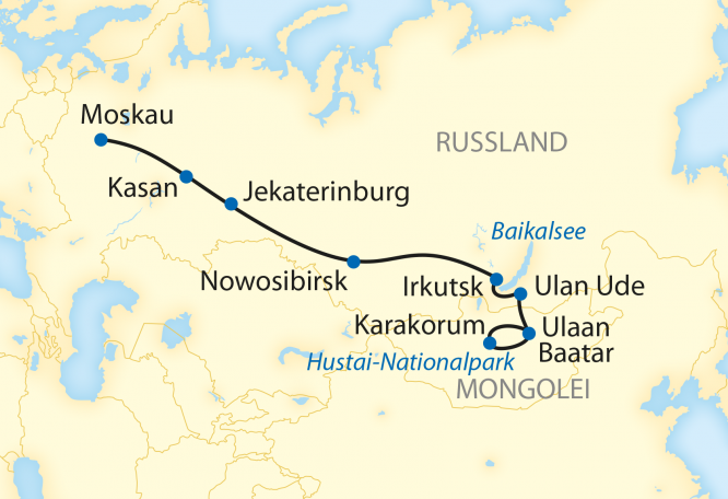 Reise in Mongolei, Reiseroute: 17-tägige Sonderzugreise von Ulaan Baatar nach Moskau