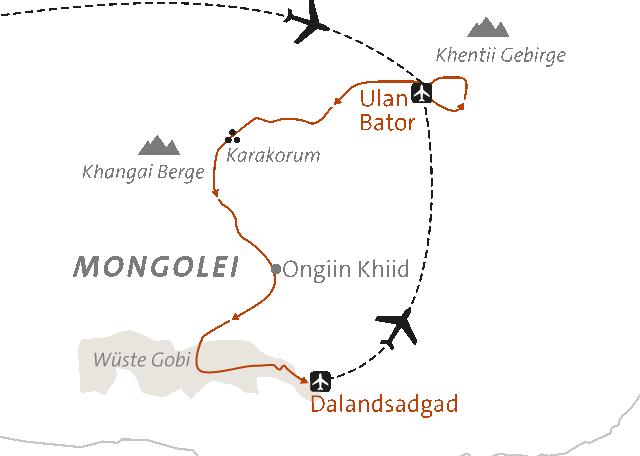 Reise in Mongolei, Landkarte zu Mongolei - von der Taiga in die Wüste Alpinschule Innsbruck