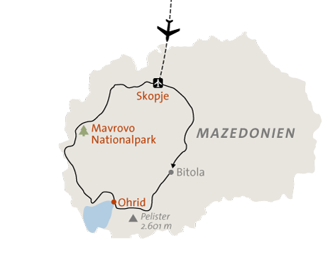 Reise in Mazedonien, Landkarte zu Nordmazedonien: Wandern zwischen Gebirgen & Seen Alpinschule Innsbruck