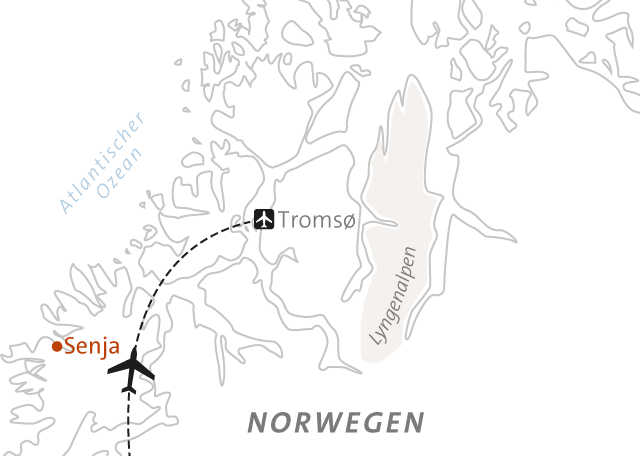 Reise in Norwegen, Landkarte zu Norwegen - Skitouren auf der Insel Senja Alpinschule Innsbruck