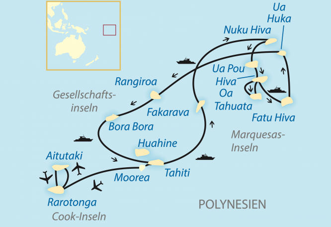 Reise in Cookinseln, Verlauf Ihrer Schiffsreise durch Polynesien zu den Tuamotus und Marquesas