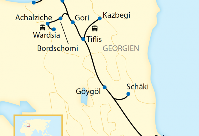 Reise in Aserbaidschan, Reiseroute: 11-tägige Sonderzugreise durch Aserbaidschan und Georgien
