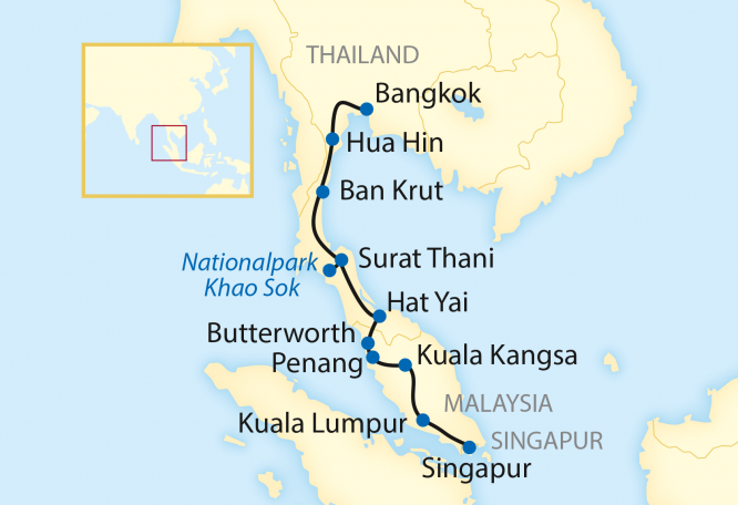 Reise in Malaysia, Reiseroute: 15-tägige Zug-Erlebnisreise durch Thailand über Malaysia nach Singapur