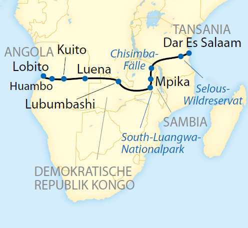 Reise in Angola, Reiseroute: 20-tägige deutschsprachig geführte Sonderzugreise durch Angola, Kongo, Sambia und Tansania