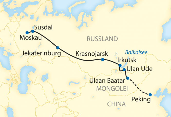 Reise in China, Reiseroute: 13-/16-tägige Sonderzugreise durch Russland und die Mongolei mit 3-tägiger Verlängerungsreise nach China