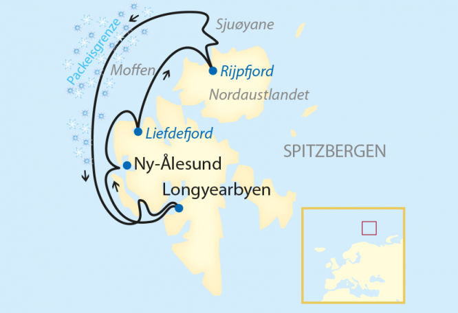 Reise in Norwegen, Reiseroute: 10-tägige Expeditions-Kreuzfahrt im Nordpolarmeer