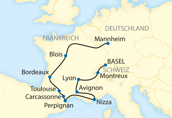 Reise in Deutschland, Reiseroute: 12-tägige Zug-Erlebnisreise durch Frankreich
