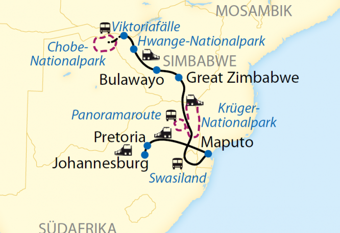 Reise in Mosambik, Reiseroute: 15-tägige Sonderzugreise von Pretoria bis Victoria Falls im African Explorer – bekannt aus der ARD-Fernsehserie Verrückt nach Zug.
