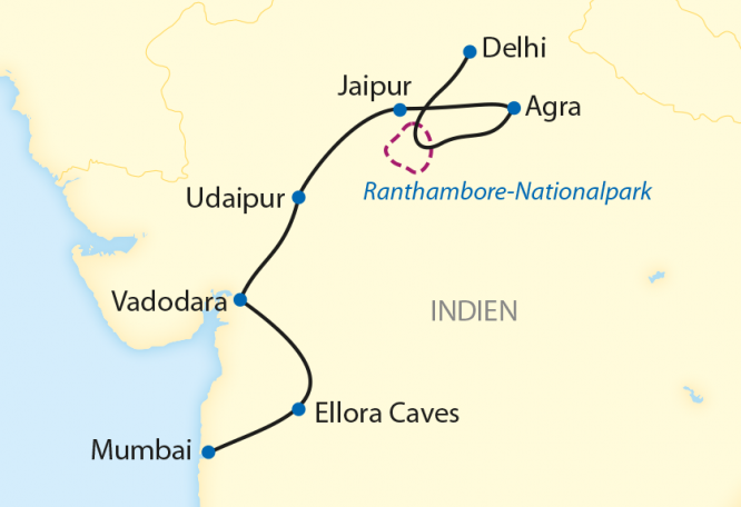 Reise in Indien, Reiseroute: 12-tägige Zug-Erlebnisreise durch Indien mit 8-tägiger Fahrt im Deccan Odyssey
