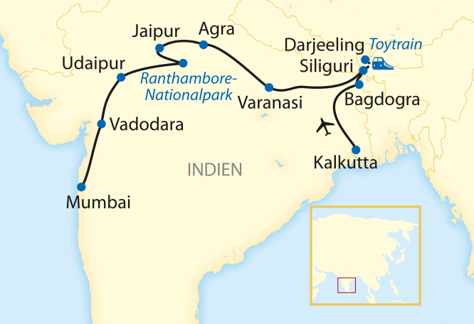 Reise in Indien, Reiseroute: 15-tägige Erlebnisreise mit 8-tägiger Fahrt im legendären Luxus-Zug Deccan Odyssey