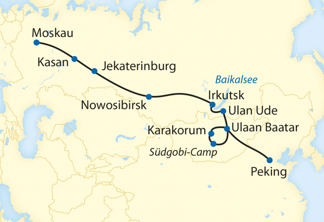 Reise in Mongolei, Reiseroute: 23-tägige Sonderzugreise von Moskau in die Mongolei und weiter mit dem Linienzug nach Peking