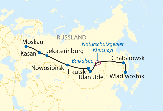 Reise in Russland, Reiseroute: 17-tägige Sonderzugreise von Wladiwostok nach Moskau
