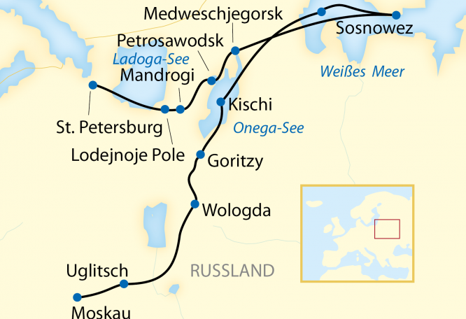 Reise in Russland, Reiseroute: 15-tägige Flusskreuzfahrt in Russland zwischen St. Petersburg und Moskau über das Weiße Meer