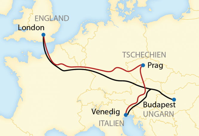 Reise in Frankreich, Reiseroute: 5-tägige Zeitreise per Zug mit dem Venice Simplon-Orient-Express von Venedig über Budapest oder Prag nach London