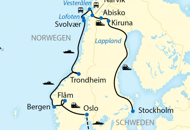 Reise in Norwegen, Reiseroute: 14-tägige Zug- und Schiffs-Erlebnisreise im Winter in Schweden und Norwegen