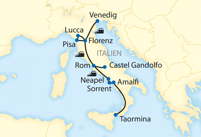 Reise in Italien, Reiseroute: 12-tägige Zug-Erlebnisreise durch ganz Italien – Von Venedig bis nach Sizilien