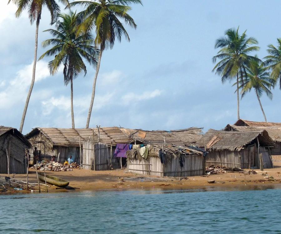 Reise in Elfenbeinküste, Flussufer während einer Bootsfahrt